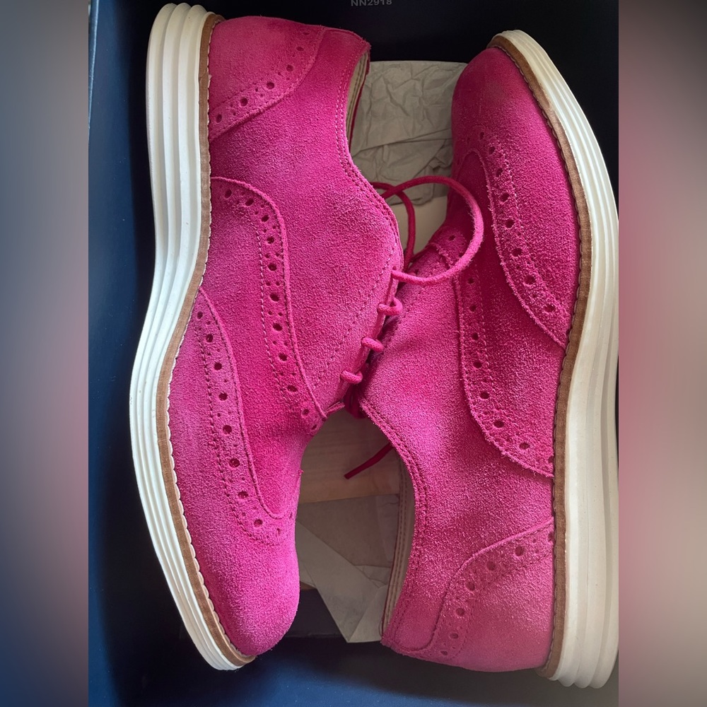Cole Haan Fuchsia Suede Wingtip Loafers with White Sole